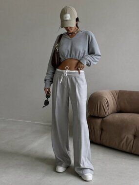 Mono B Cropped V Neck Hoodie M Sage Blue Raw Edge Elastic Hem Balloon Sleeve